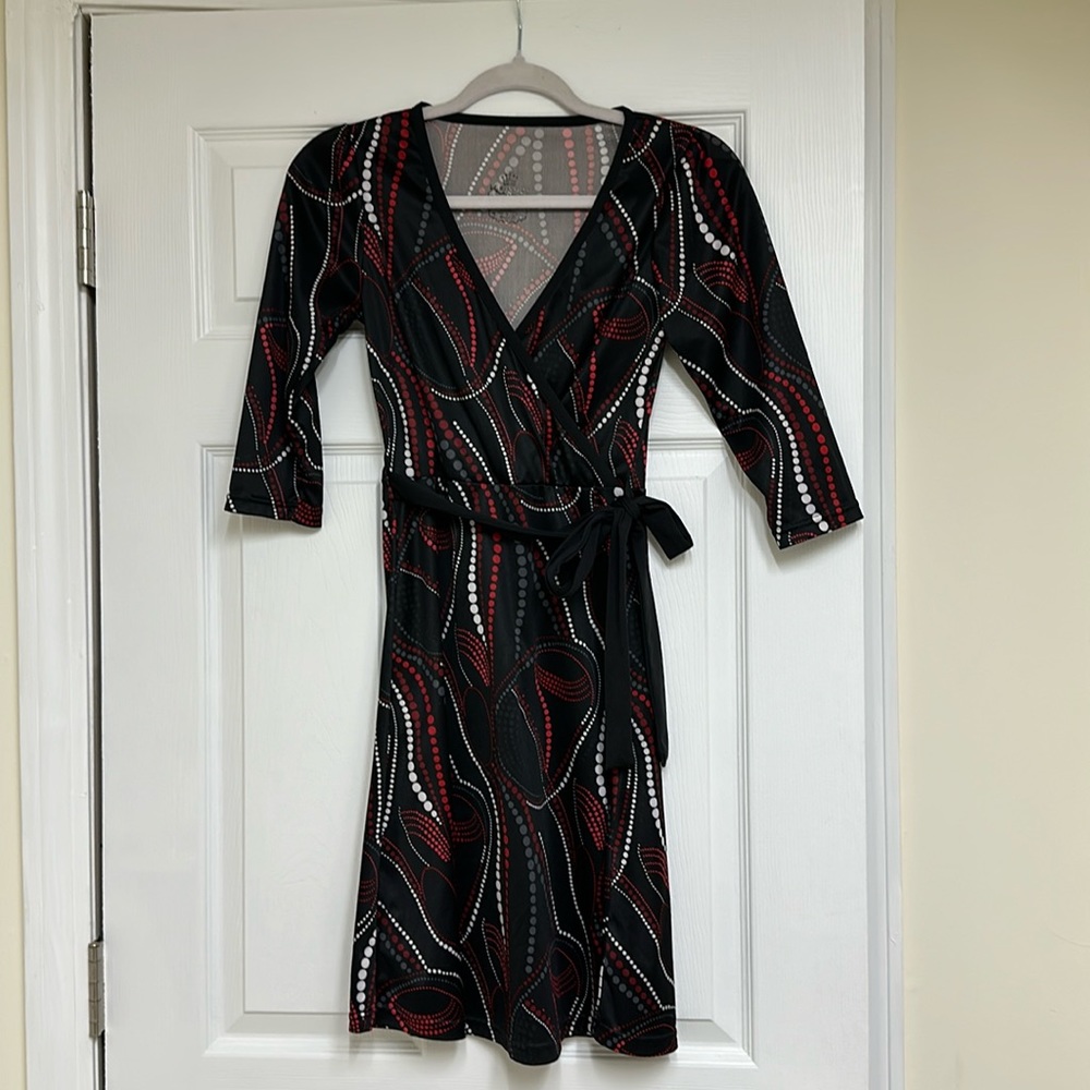 Black Wrap around dress with quarter sleeves and puffy sleeves (petite size)